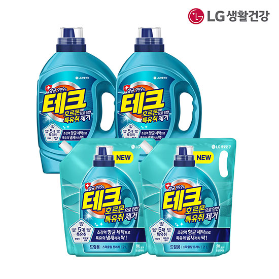LG생활건강 호르몬 특유취 액체세제드럼 용기 2.7L2개+리필 2L2개