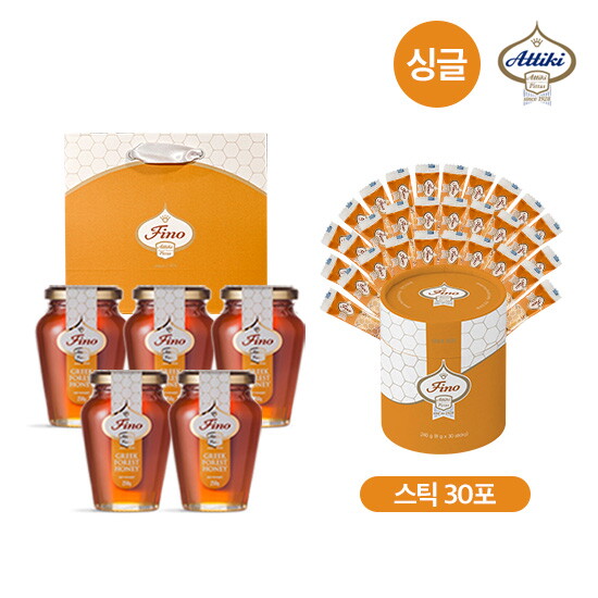 ★단독★[싱글]아티키 그릭 피노 포레스트 허니 5병+ 스틱형 1통+쇼핑백 1매(250g*5병+8g*30개*1통 , 총 1,490g)