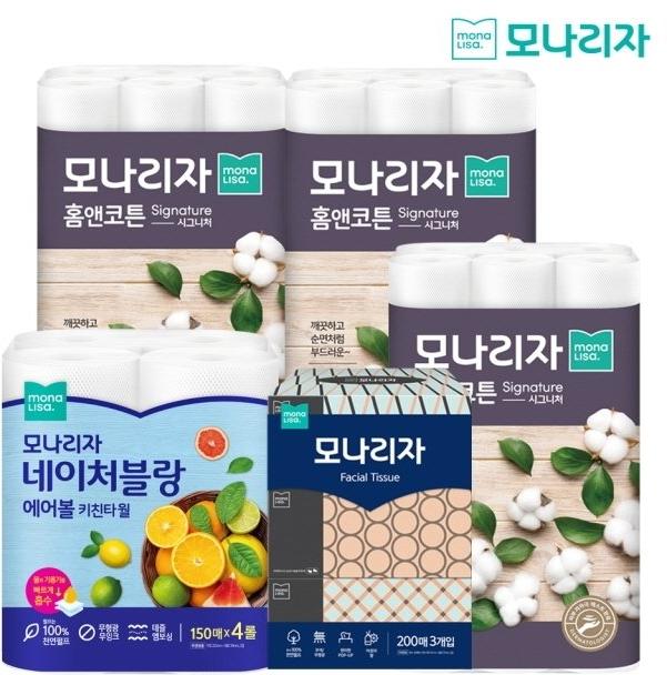 모나리자 홈앤코튼 화장지90롤+미용티슈3입+키친타월4롤