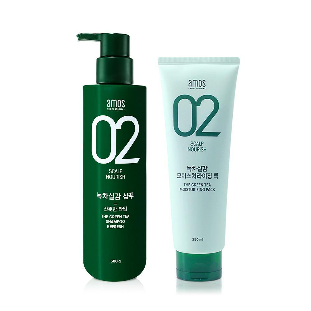 아모스 녹차실감 샴푸 지성 (산뜻한타입) 500g + 인텐시브 모이스처 팩 250ml