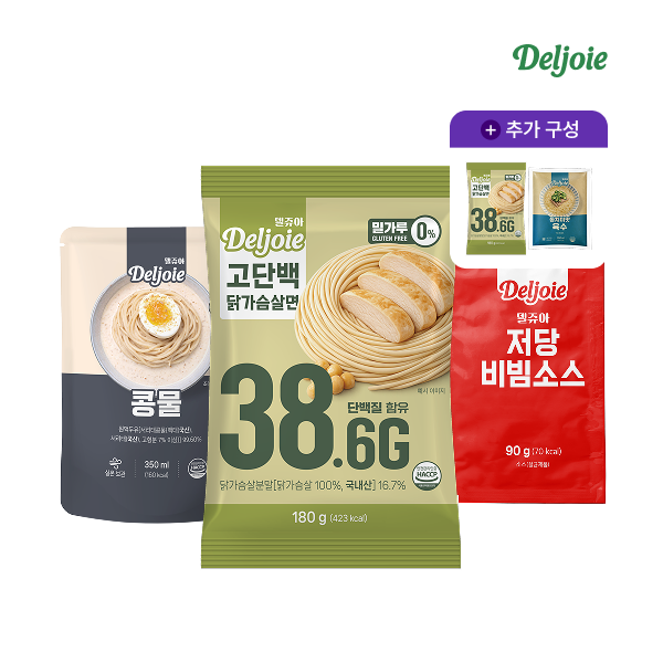 [방송에서만 1팩더]델쥬아 고단백 닭가슴살면 180g 11팩 + 콩물 350ml 5팩 + 저당비빔소스 90g 5팩 + 동치미맛 육수 350ml 1팩