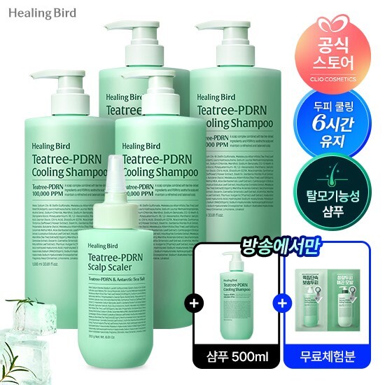 ★방송에서만★힐링버드 티트리 샴푸 1000ml *4통 +두피 스케일러 250g*1통 + [전고객]휴대용 샴푸 500ml + 체험분 샤쉐