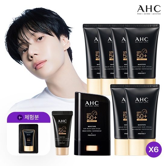 [킹사이즈] 마스터즈 아쿠아 리치 선크림 60ml 6개+10ml 1개+ 선스틱 22g 1개
