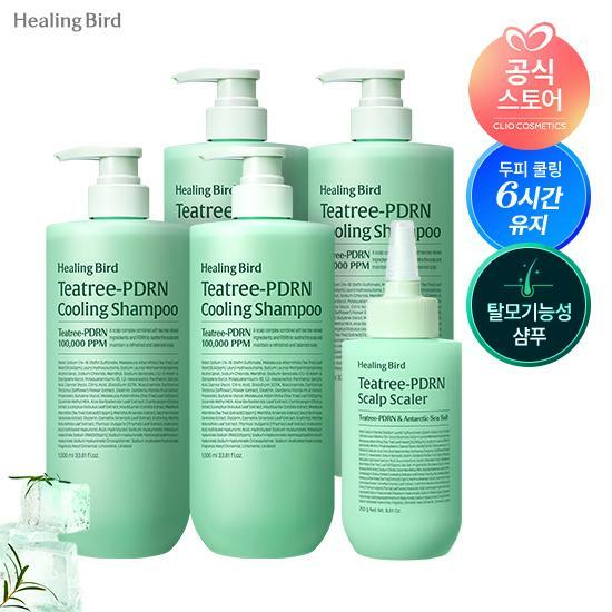 [삼성카드5%할인]힐링버드 티트리 PDRN 쿨링 샴푸 1000ml 4통  두피스케일러 250g 1통 
