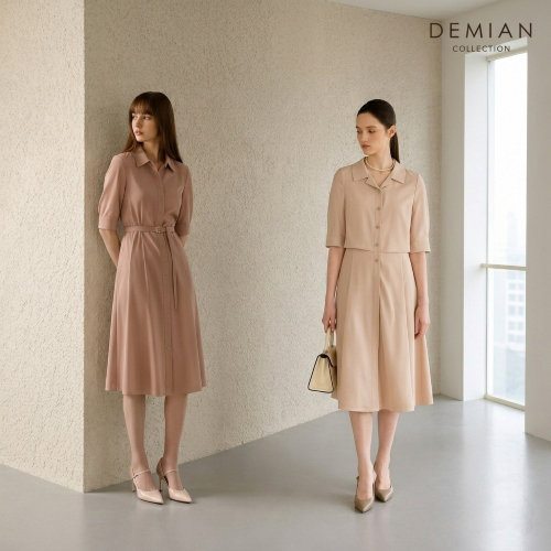 [데미안(DEMIAN)] 26SS 루미엘라 쉬폰 헤리티지 오픈 카라 썸머 원피스 1종 + 벨트 1종 (총 2종)(더스티핑크,샌드베이지)