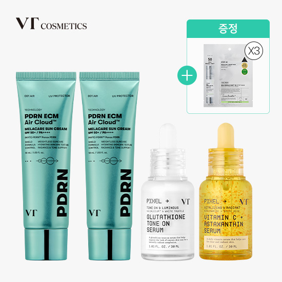 [릴리xVT] PDRN ECM 에어클라우드 멜라케어 선크림 2개+아스타잔틴 세럼1개+톤온세럼1개