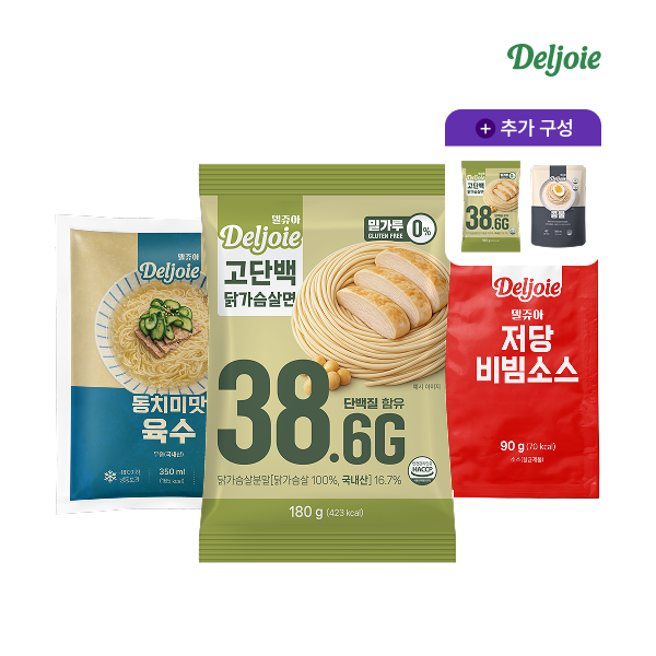 [방송에서만 2팩더]델쥬아 고단백 닭가슴살면 180g 12팩 + 동치미맛 육수 350ml 5팩 + 저당비빔소스 90g 5팩 + 콩물 350ml 2팩