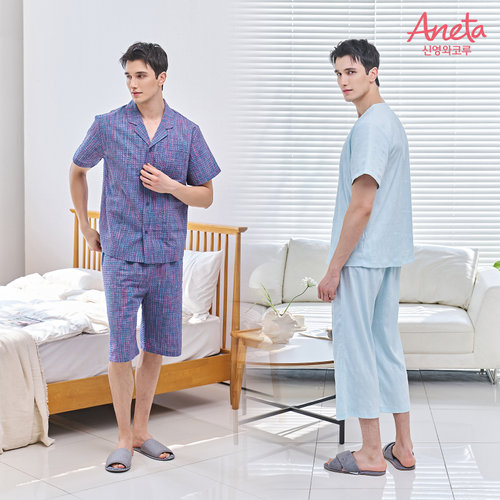 [SALE][매장동일] 26SS 신영와코루 아네타 남성 시어서커 파자마 2세트(네이비+민트)