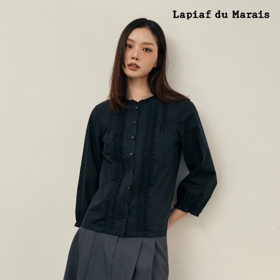 라삐아프 26FW 핀턱 볼륨 블라우스 2종(깅엄체크+블랙) 2