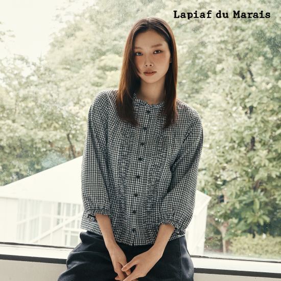 라삐아프 26FW 핀턱 볼륨 블라우스 2종(깅엄체크+블랙)