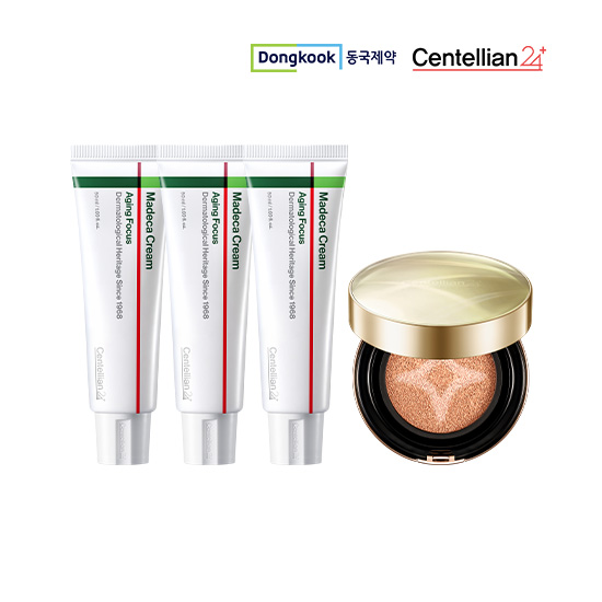 마데카크림 에이징포커스50ml 3개+마데카글로우베일커버쿠션13g(21호)+골드 1개