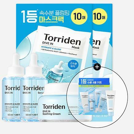 [카드 5%할인]정상가12만8천원]토리든 다이브인 저분자 히알루론산 세럼 50ml*2개 마스크팩 10매입*2박스  수딩크림 1개 [GIFT] 트라이얼키트4종 + 선크림20ml
