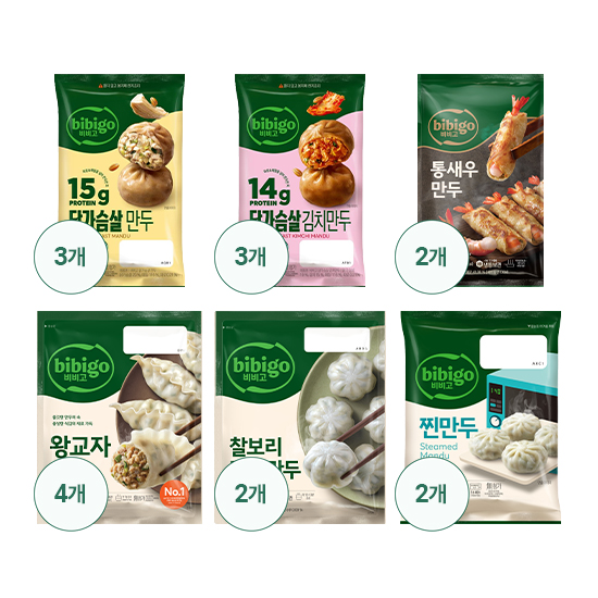 비비고 만두 6종 16봉(닭가슴살만두 3,닭가슴살김치만두 3,통새우만두 2,왕교자 4,찰보리2,찐만두2)