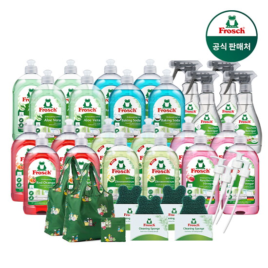 ★더블세트★ 프로쉬 독일직수입 주방세제 (500ml 20통+키친클리너 300ml 4통+수세미 4개+전용펌프 4개+프로쉬 장바구니 2개)