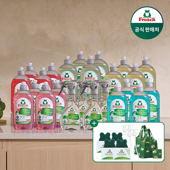 ★더블세트★ 프로쉬 독일직수입 주방세제 (500ml 20통+키친클리너 300ml 4통+수세미 4개+전용펌프 4개+프로쉬 장바구니 2개) 2