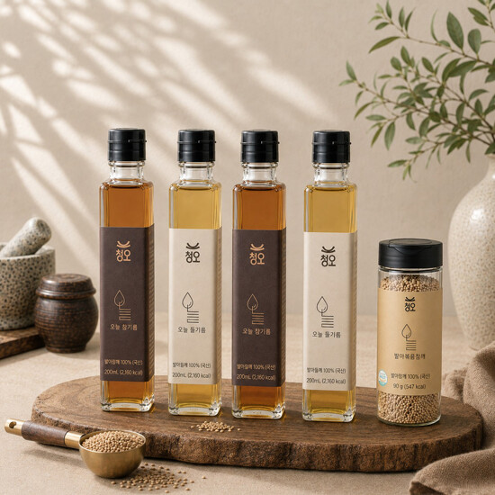 청오 발아 참기름 들기름 세트 (참기름 200ml 2병 + 들기름 200ml 2병 + 볶음참깨 1병)
