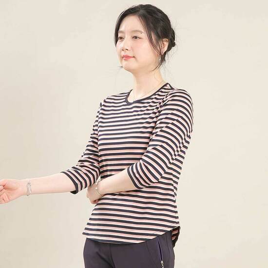[애비뉴투지] 26FW 실켓 면 혼방 스트라이프 칠부 티셔츠 2종 (국내산) 2