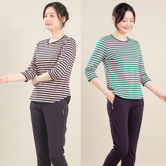 [애비뉴투지] 26FW 실켓 면 혼방 스트라이프 칠부 티셔츠 2종 (국내산)