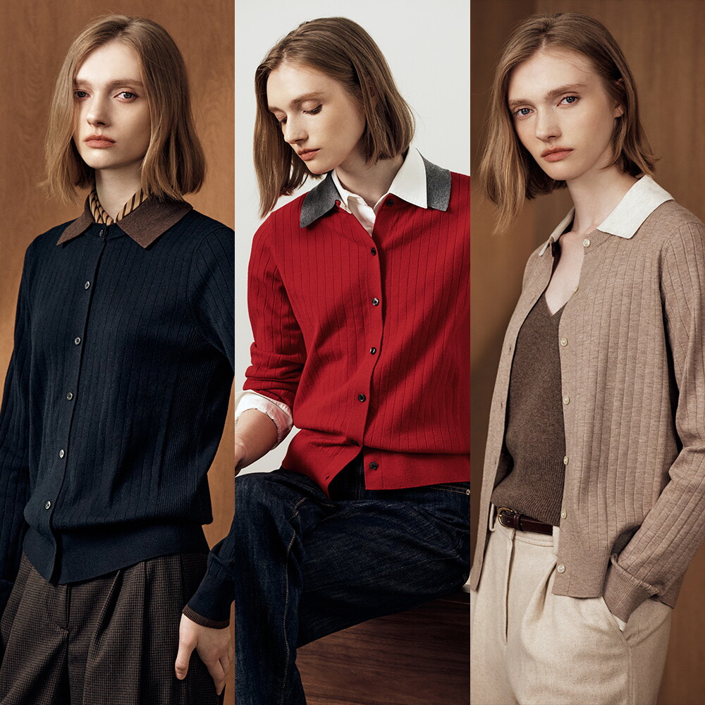 (B)아쿠아스큐텀 26FW 여성 울 블렌드 카라 니트 가디건 2종