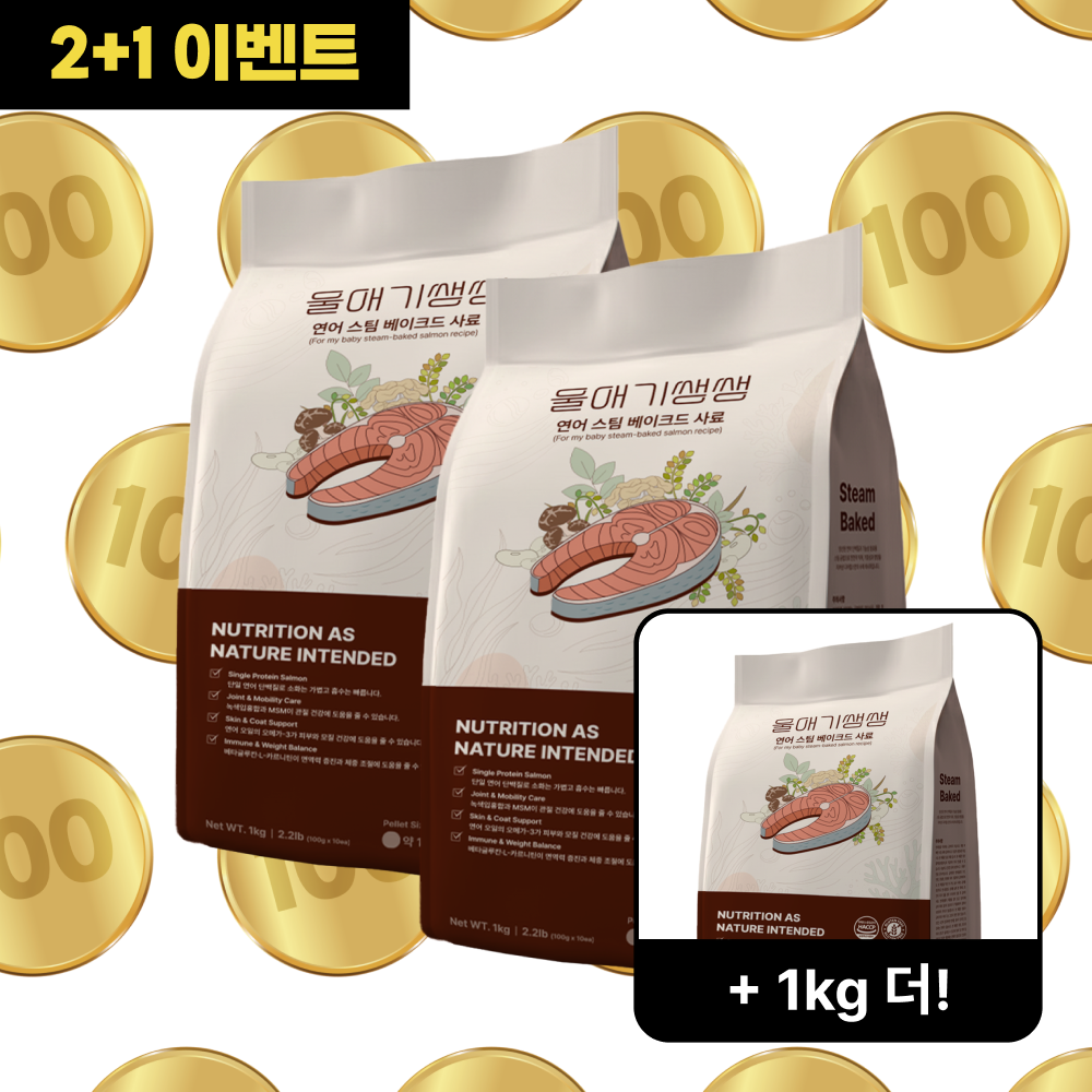 울애기쌩쌩 강아지 프리미엄 연어 스팀베이크드 사료 더블+추가1kg, 3kg (눈, 피부, 관절, 체중조절)